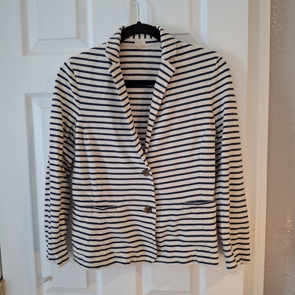 J Crew Womens M Blazer Jacket Off-white & Navy Stripe 100% Cotton Knit Nautical - Picture 1 of 14